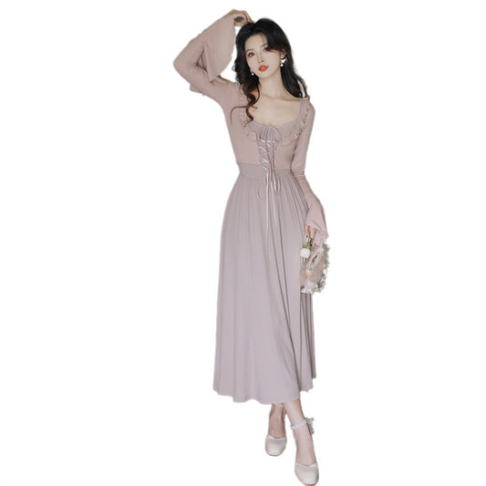 Retro Gentle Elegant Style Dress Knitted Square Collar Suspender Dress