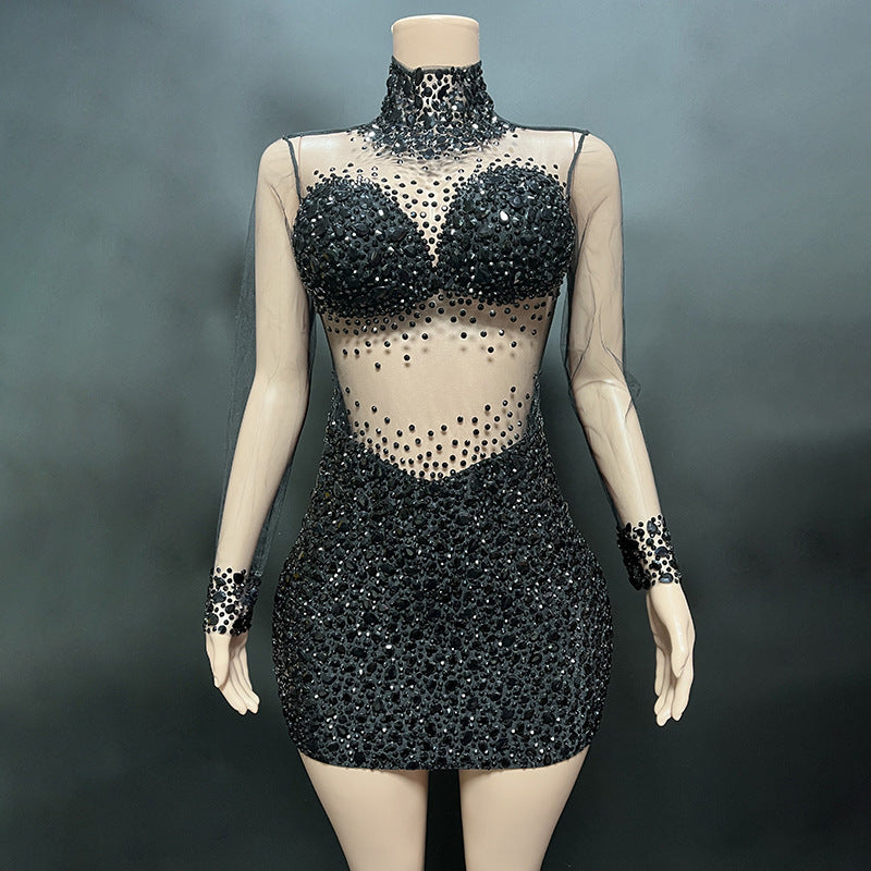 Perspective Gauze Collar Zipper Style Slim Short Dress