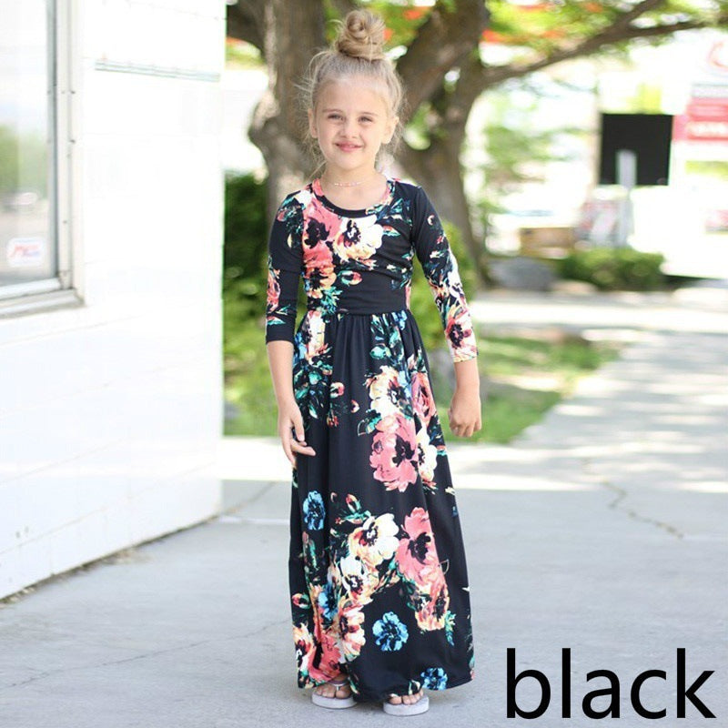 Children's dresses European style round neck print girls dressses