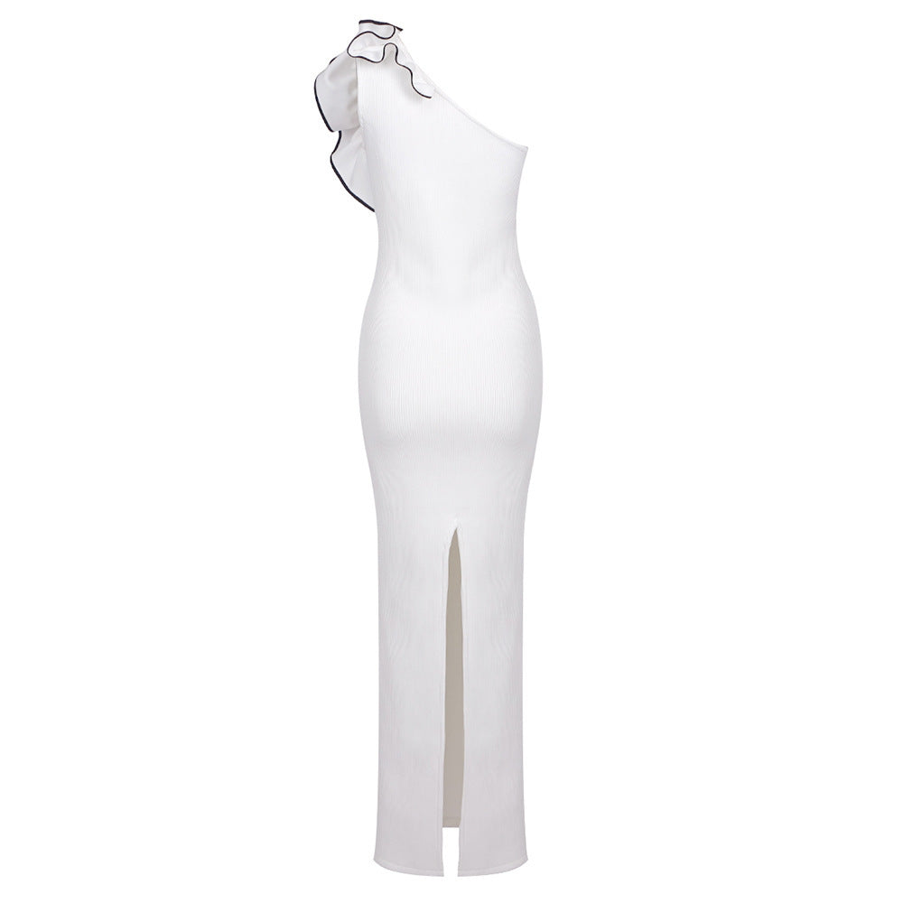 White One-shoulder Flower Black Hook Slim Fit Long Dress
