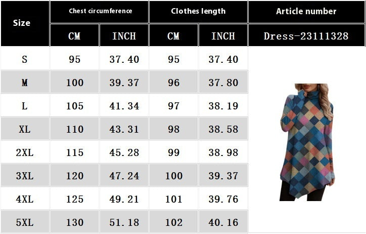 Retro Color Tartan Skirt Turtleneck Long Sleeve Dress