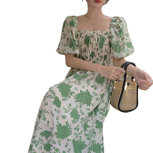 Women's Fashion Square Collar Ruffle Puff Sleeve Waist-controlled Lace-up Dress