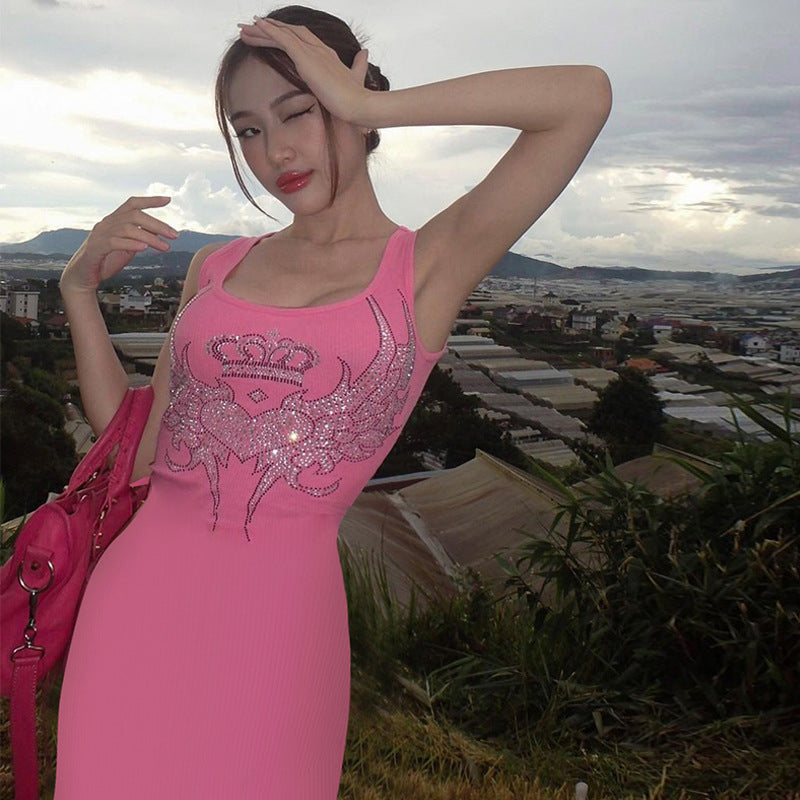 High Waist Dress Rhinestone Slim Sleeveless