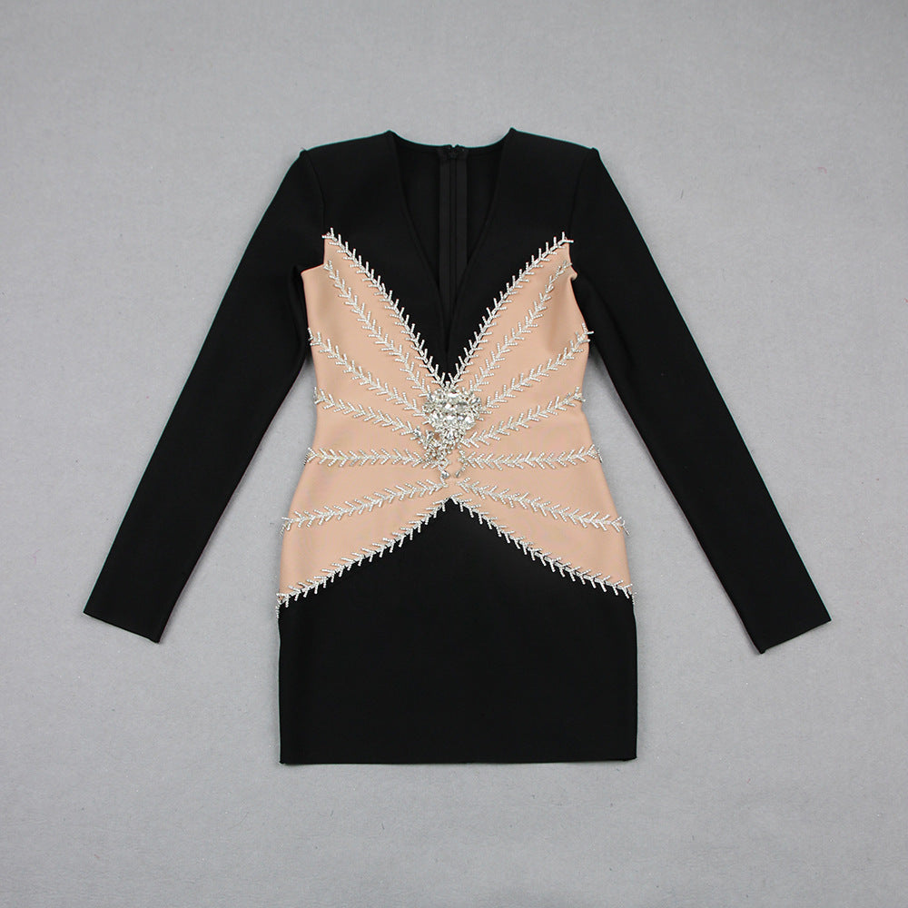 Autumn And Winter Graceful Fashion Rhinestones Tassel Women's V-neck Bandage One-piece Dress