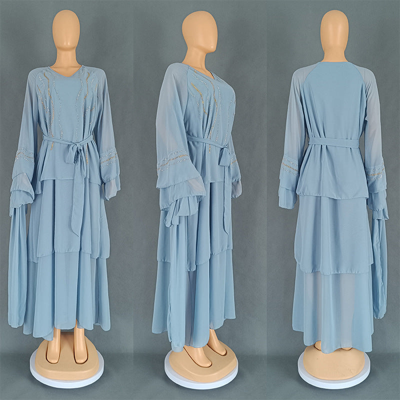 Women's Chiffon Rhinestone Cake Dress With Headscarf