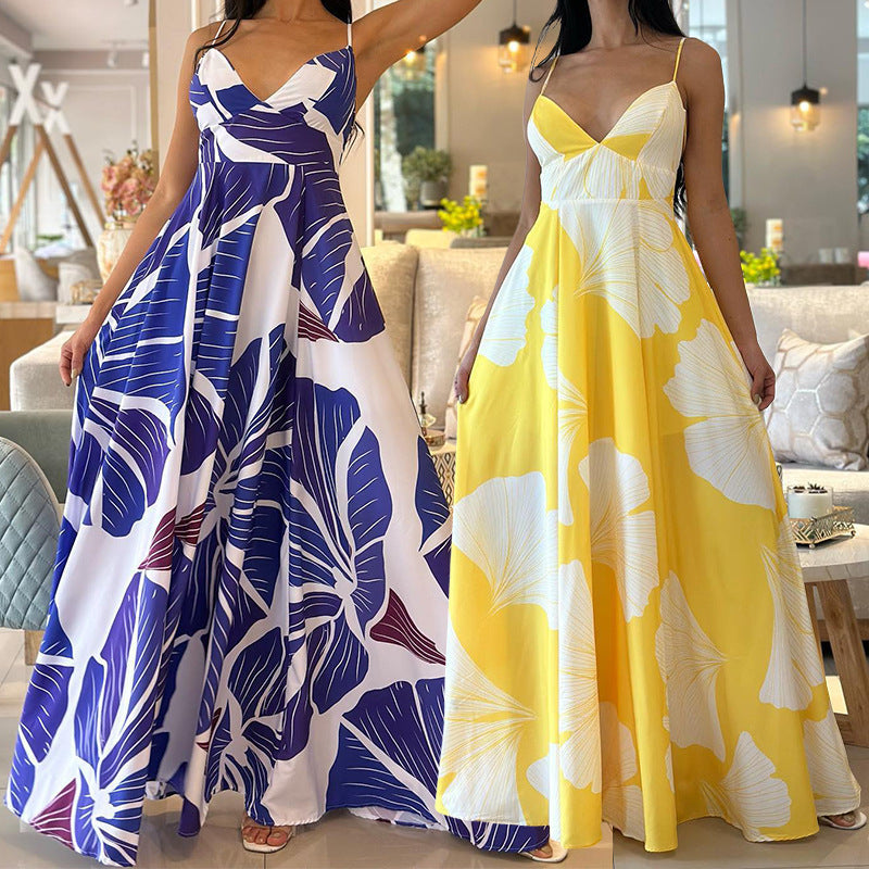 Fashion Print Sling High Waist Mid-length Dress