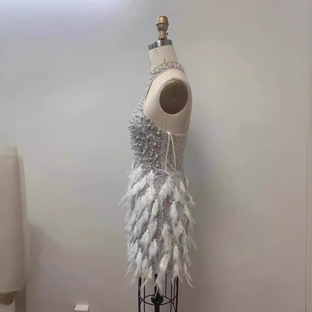 Sequined Feather Skirt Hollow-out Halter Dress