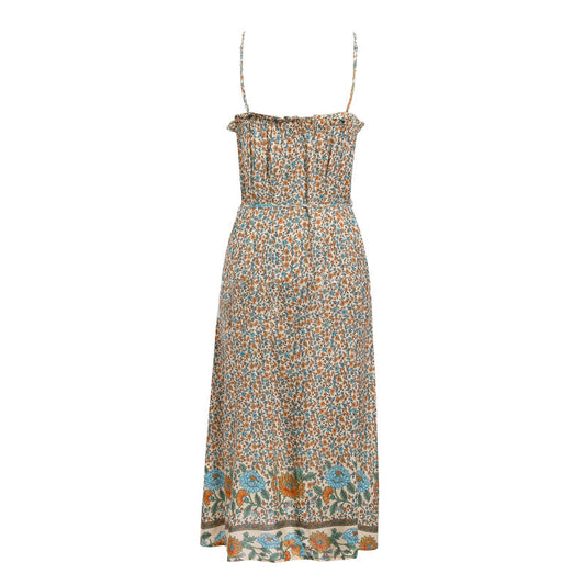 Mid-length dress with belt suspenders