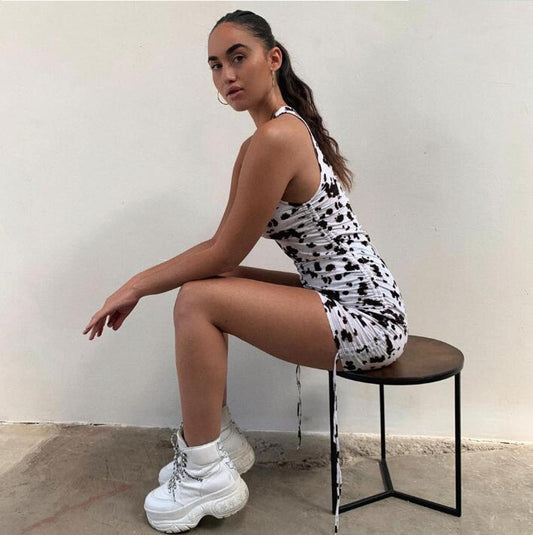 Drawstring slim bag hip sleeveless dress