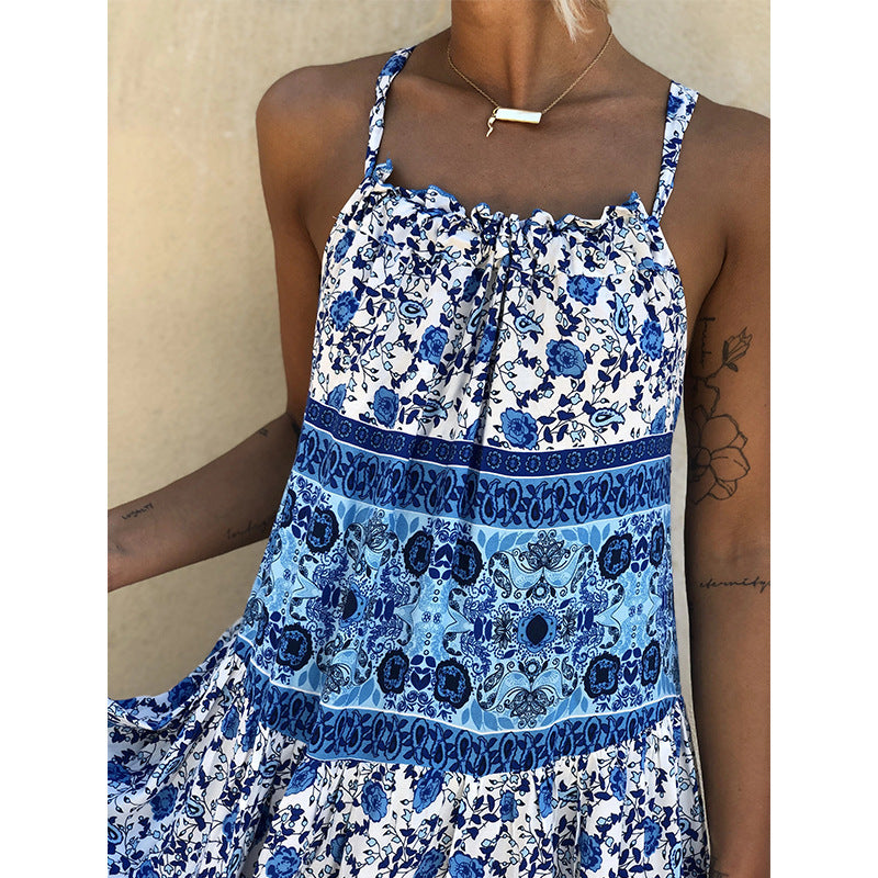 Sleeveless suspender print sexy backless dress