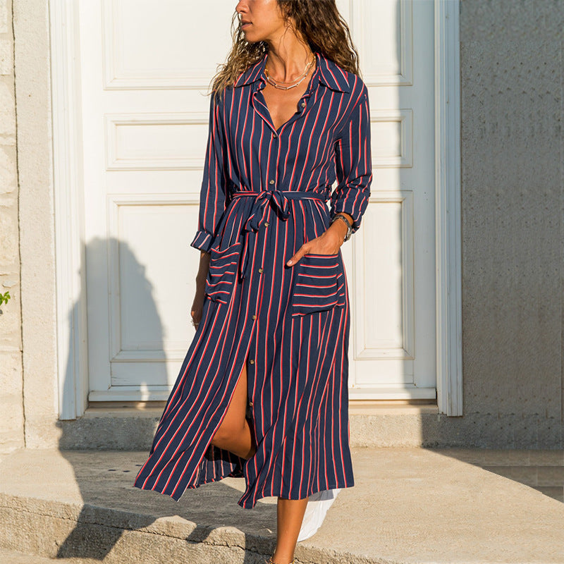 Printed V-neck high waist lace long sleeve chiffon dress with side pockets