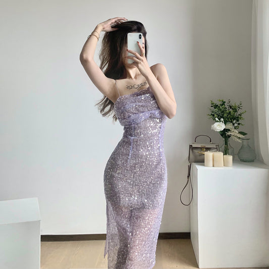 Women's Mid-length Sequined Pleated Suspender Dress