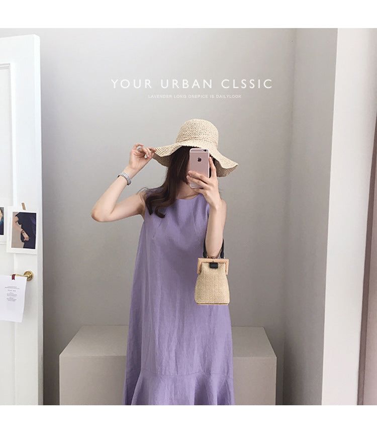 Taro Purple Linen Dress Casual Sleeveless Loose Slimming Fishtail