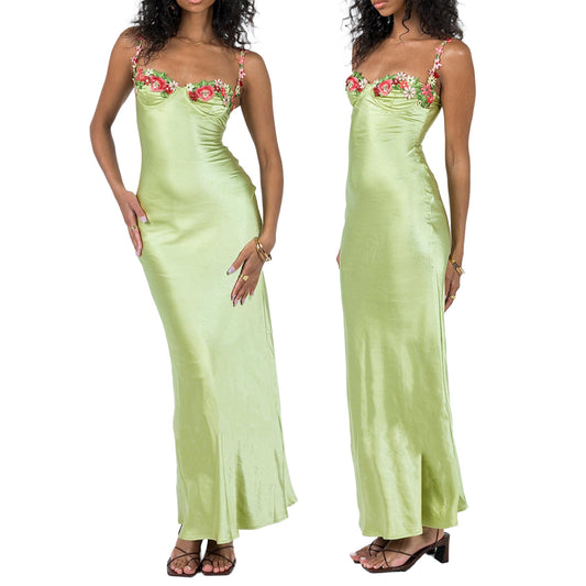 Kenzie Maxi Green Dress Embroidered Lace Solid Color Long Dress
