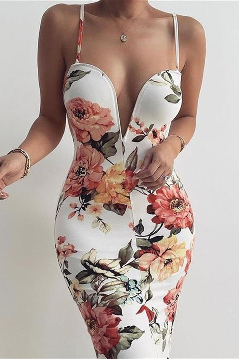 New Women's Sling Deep V Bag Hip Print Dress