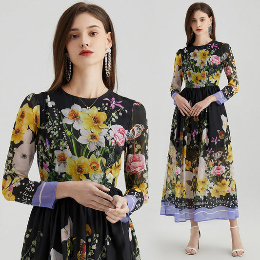 Artificial Silk Elegant Romantic Printed Round Neck Big Hem A- Line Skirt