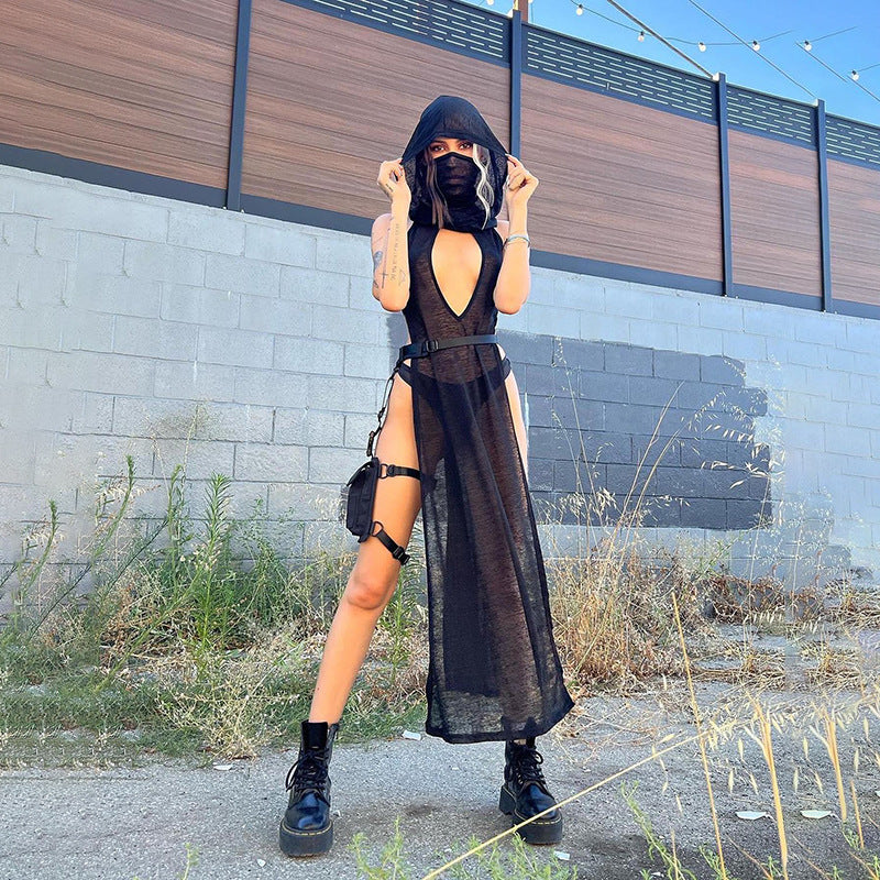 Sleeveless Sheer Cutout Backless Slit Female Dress