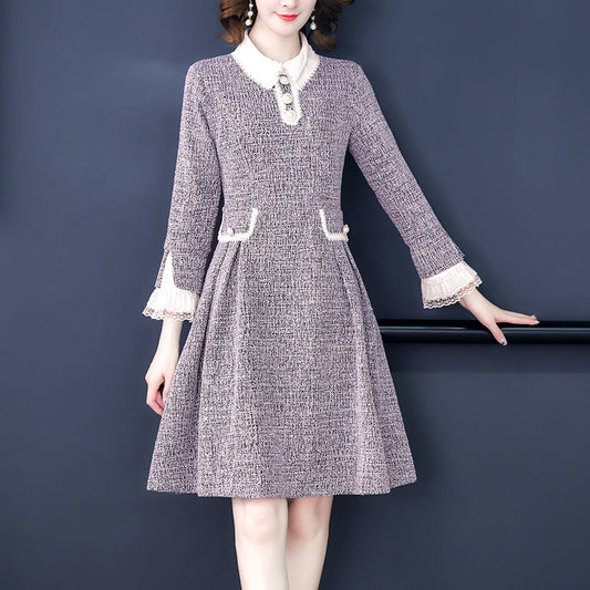 Doll Collar Long-sleeved Small Incense Wind Dresses Female Thin Medium-length A-line Dress