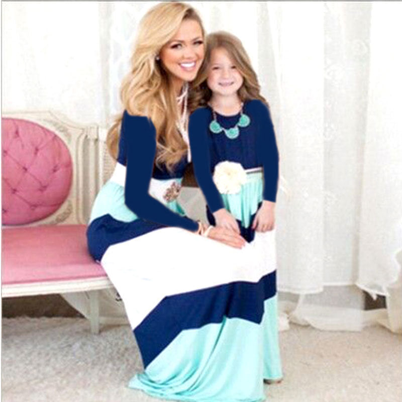 Solid Color Patchwork Mother And Daughter Long Sleeve Dress