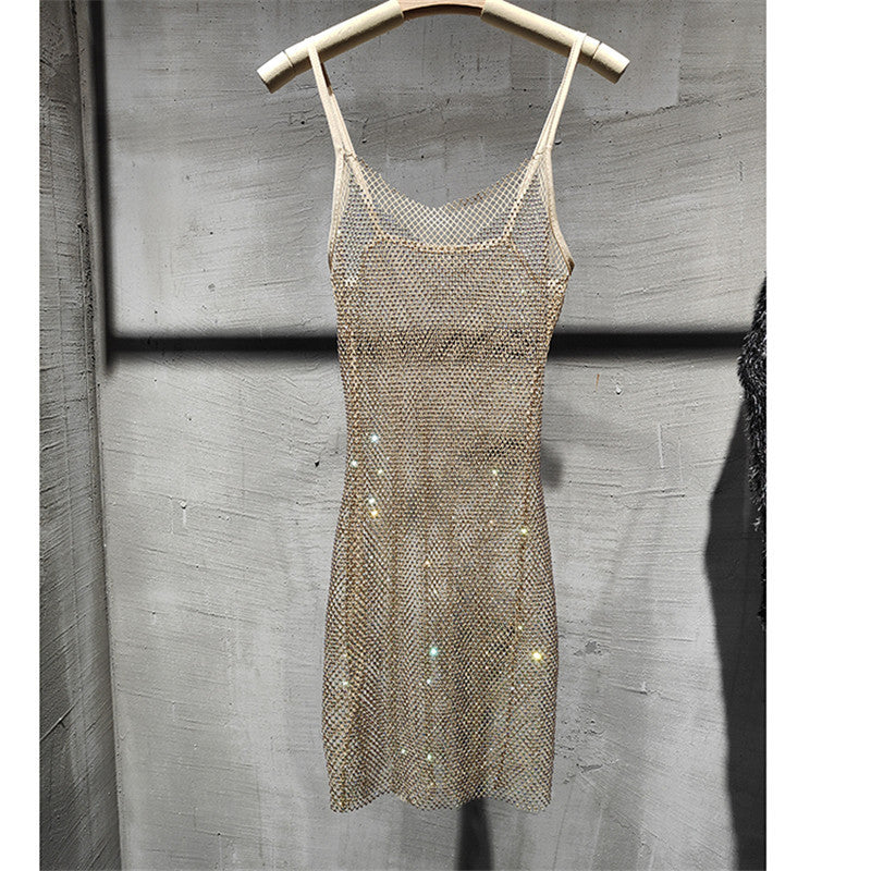 Light Diamond Elegant Crystal Sheath Mid Length Dress