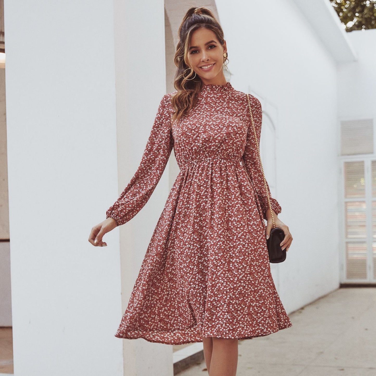 Printed commuter long sleeve dress