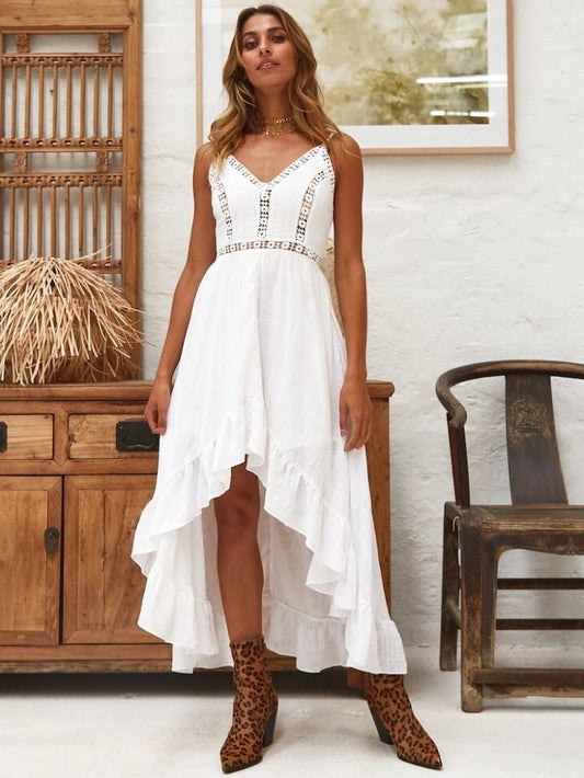 V-neck sexy hollow stitching lace waist dress