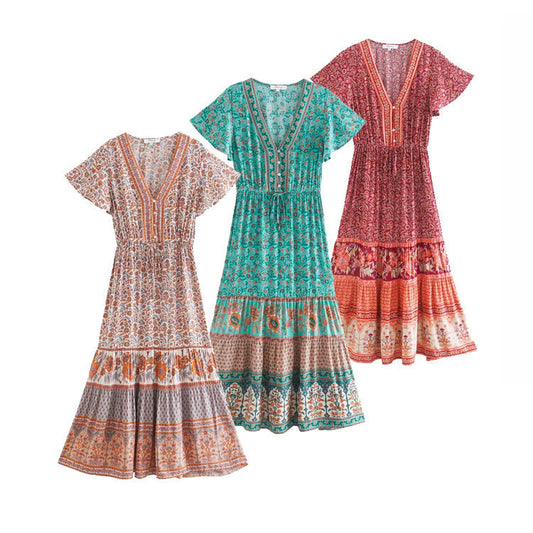 Printed V-neck short sleeve dress