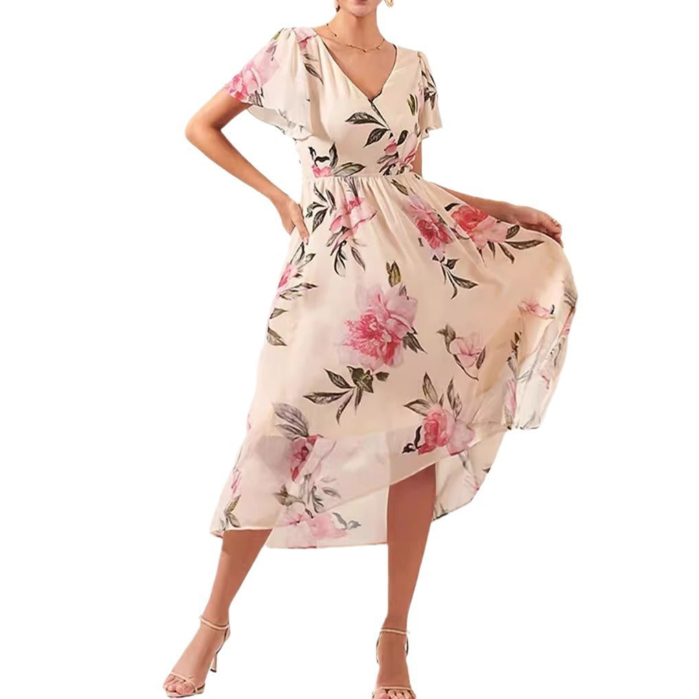 Floral A-Line V-neck Mid-length Slim-fit Printed Dress| Womens Day Dresses