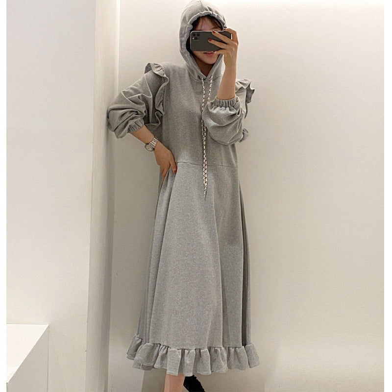 Pullover Dress Thickened Hooded Ruffled Long