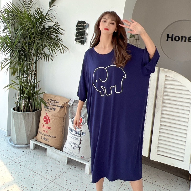 Mid Length Modal Print Dress Loose Nightdress