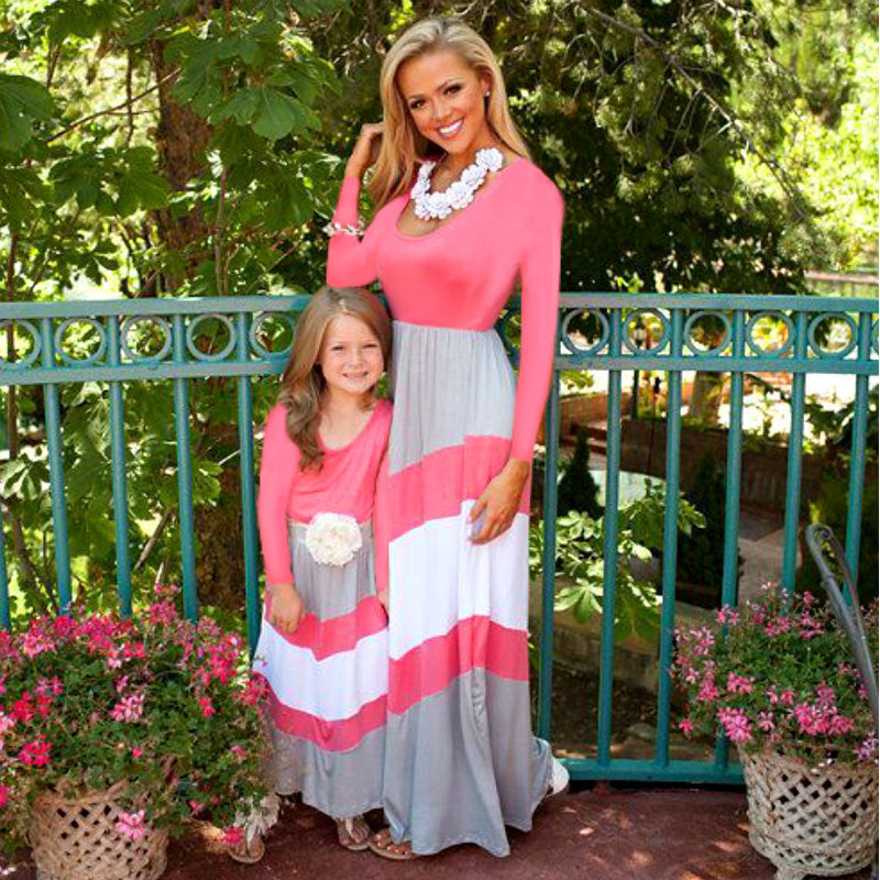 Solid Color Patchwork Mother And Daughter Long Sleeve Dress