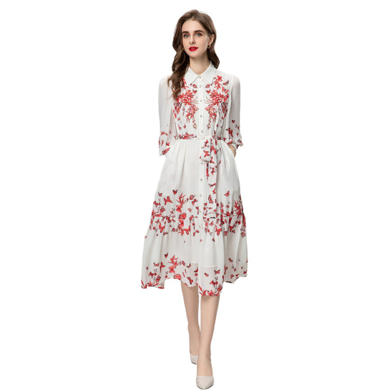 Heavy Industry Beads Printed Flowers On Chest Lace-up Long Sleeve Dress