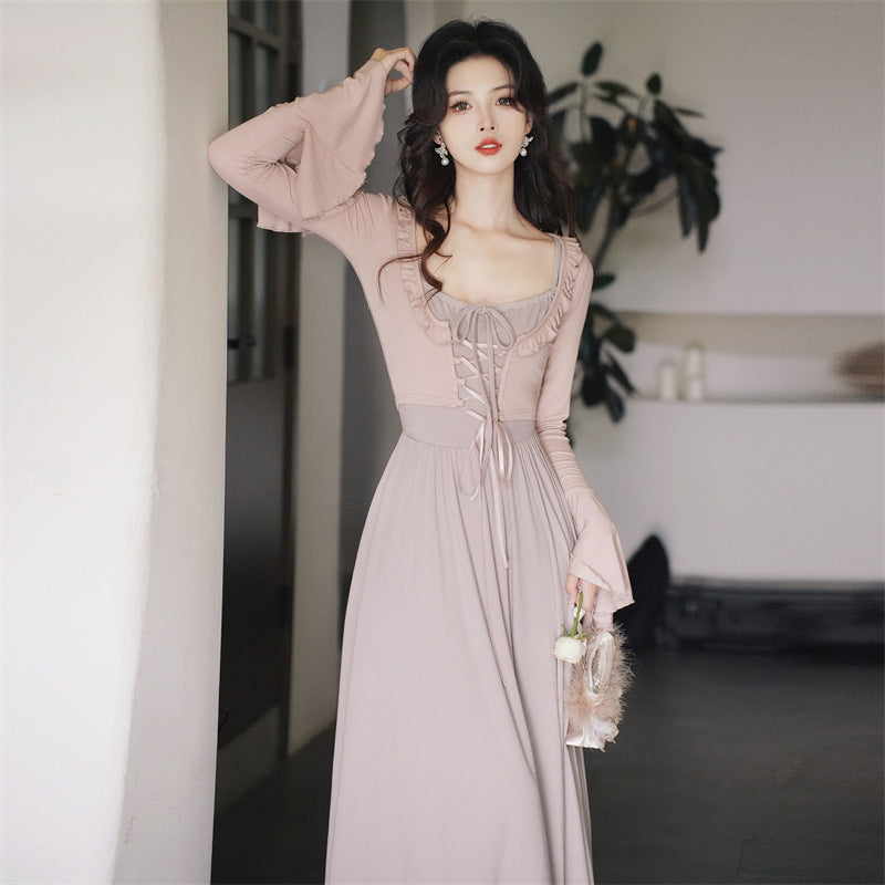 Retro Gentle Elegant Style Dress Knitted Square Collar Suspender Dress