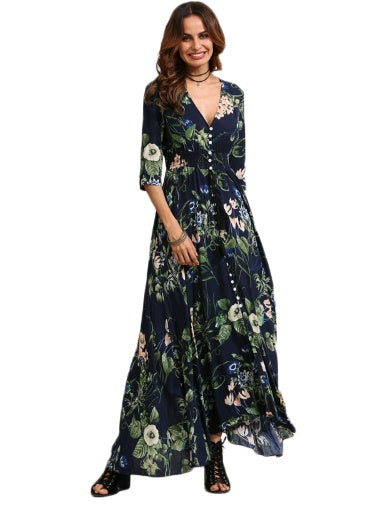 new women's European and American explosion models ethnic style printing retro bohemian big dress dress long skirt