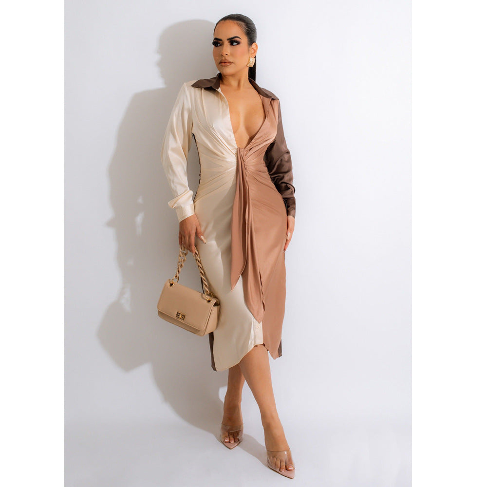 Women's Stitching Strap V-neck Long-sleeve Dress
