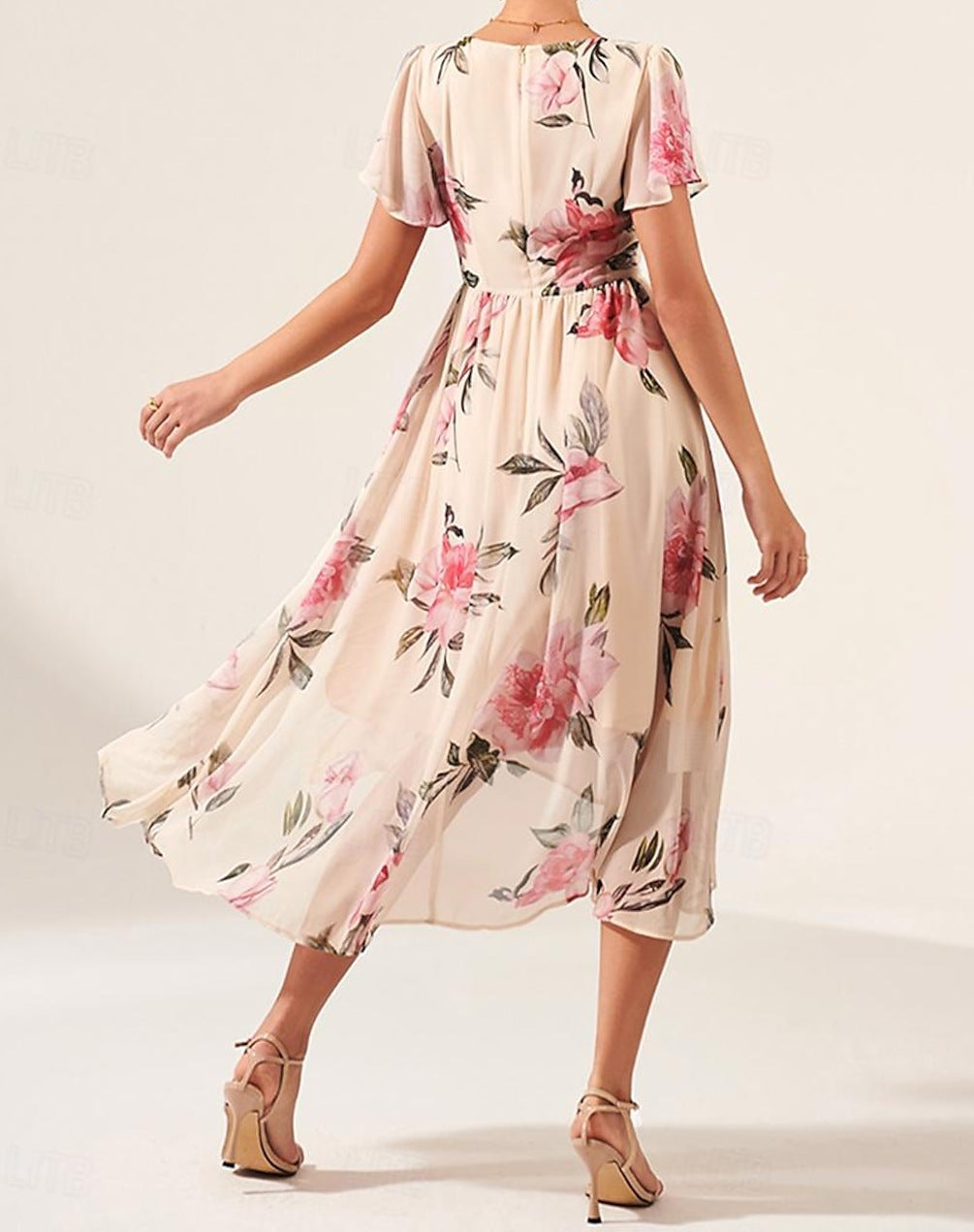 Floral A-Line V-neck Mid-length Slim-fit Printed Dress| Womens Day Dresses