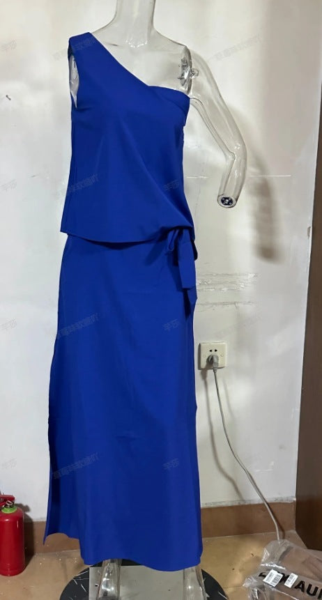 Fashion Solid Color Diagonal Collar Sleeveless High Waist Skirt Suit