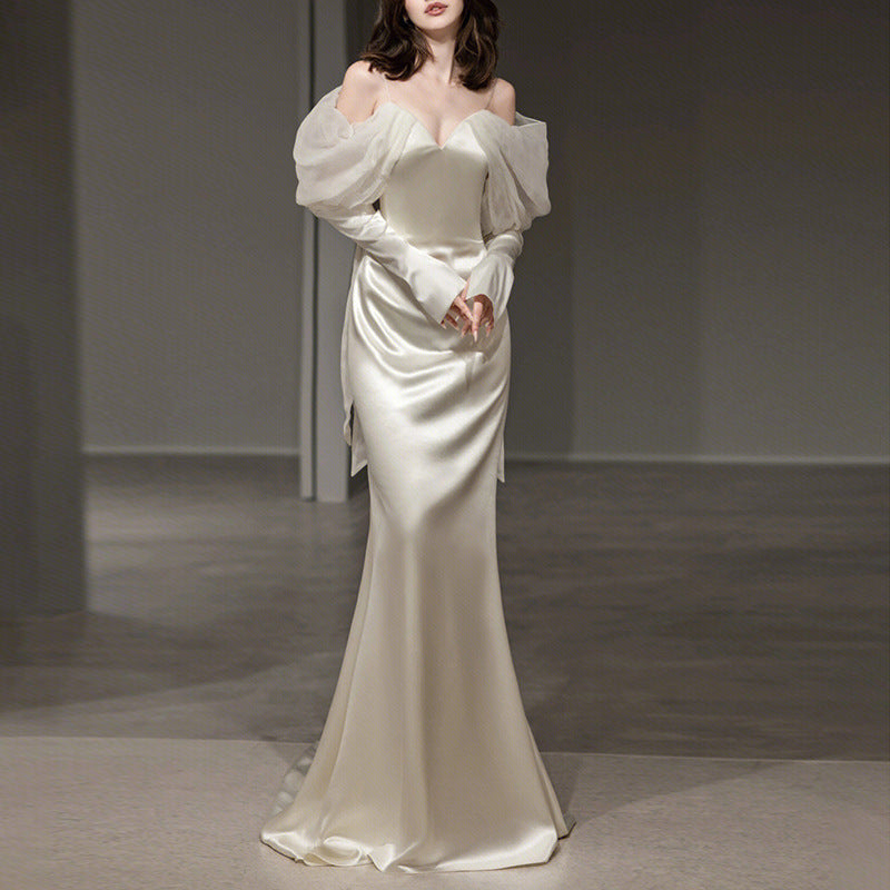 Satin Long Sleeve Off-shoulder Fishtail Wedding Veil Bridal Welcome Evening Dress