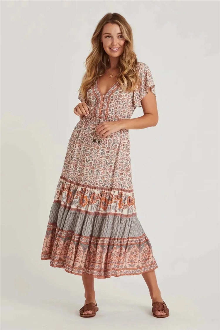 Printed V-neck short sleeve dress