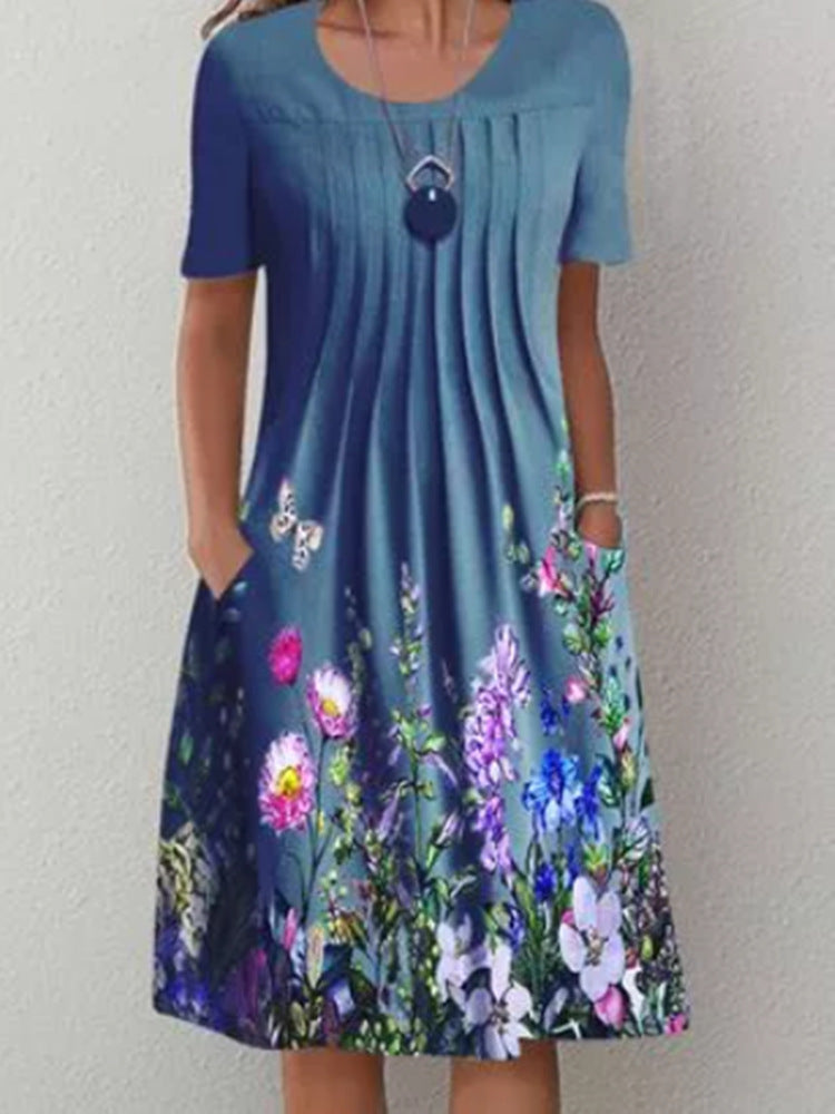 Casual Floral Round Neck Mid-Length Straight Dress