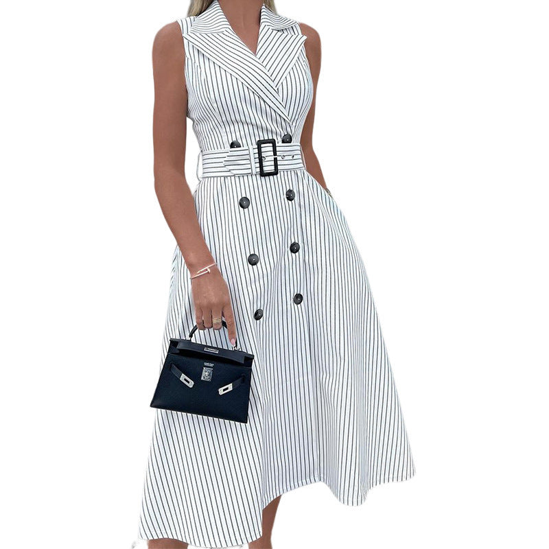 Striped V-neck Sleeveless Mid-length Dress