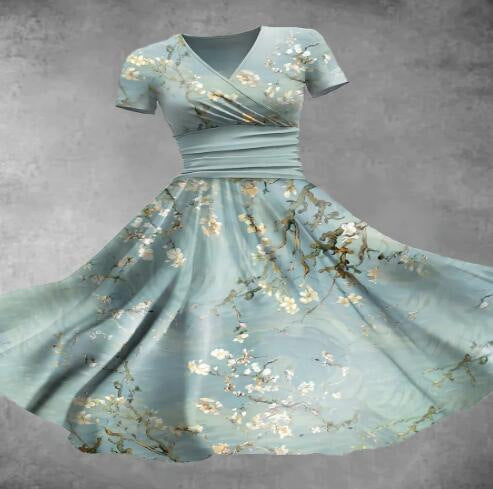 Women's Floral 3D Digital Printed V-neck Short Sleeve Dress