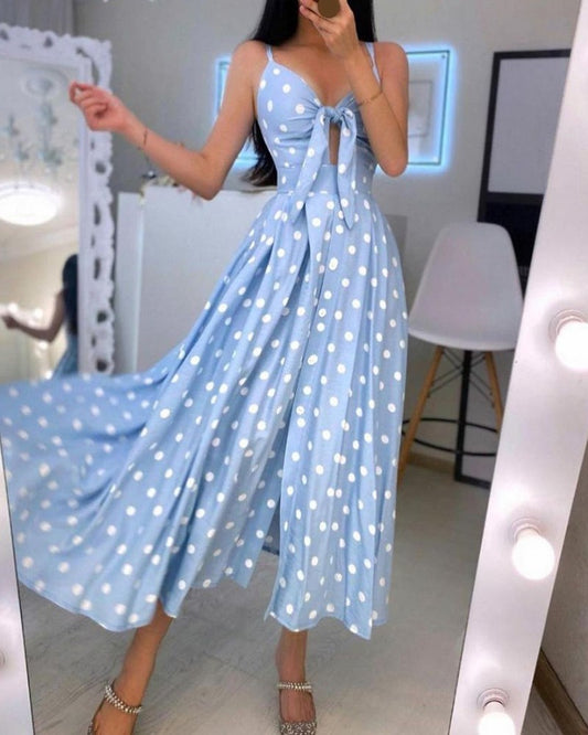 Slingshaped Polkadot Midlength Skirt Highwaist Split Dress