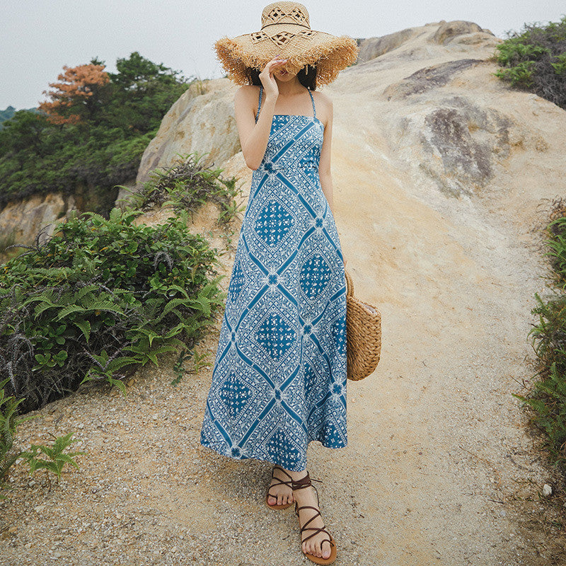 Halter Strap Dress Retro Style Blue Mid-length