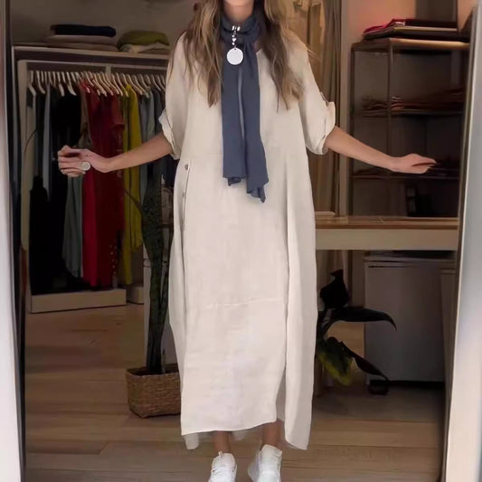 Loose Casual Solid Color Short Sleeve Cotton And Linen Dress