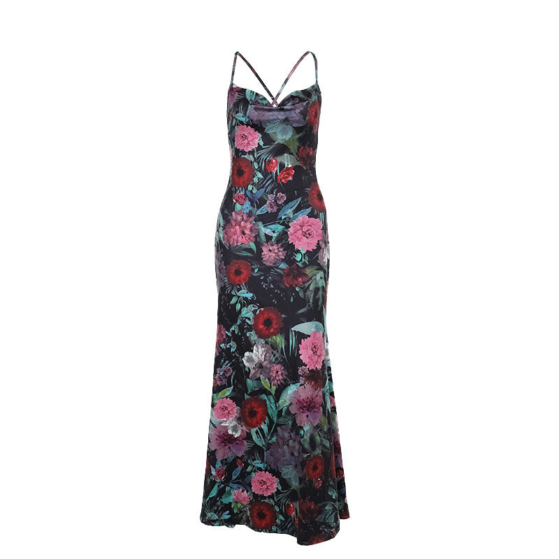 Elegant Black Floral Chinese Style High-Waisted Sling Dress