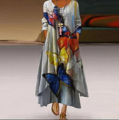 Women's Printed Long Sleeve Irregular Dress