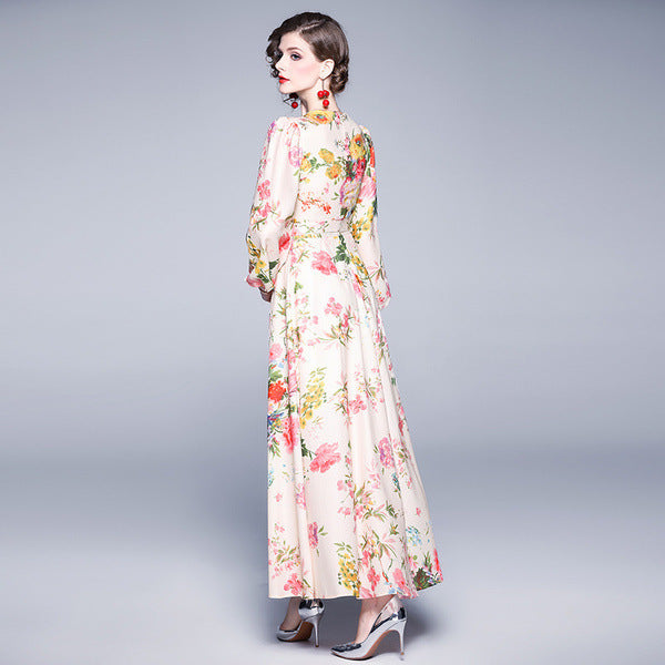 Ladies V-neck long sleeve cotton and linen dress