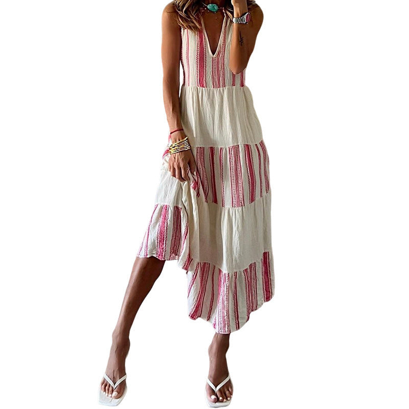 Striped Printed V-neck Sleeveless Maxi Dress