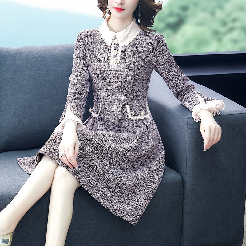 Doll Collar Long-sleeved Small Incense Wind Dresses Female Thin Medium-length A-line Dress